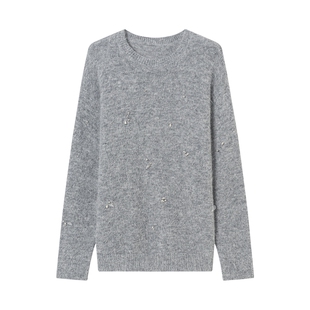 衣香丽影手工钉钻羊驼毛针织衫女2025年冬装新款宽松慵懒灰色毛衣