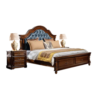 别墅床高端美式真皮床主卧大床1米8实木软包床结婚家具复古双人床