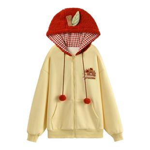 森女部落甜美可爱苹果设计感连帽卫衣女秋冬百搭加绒显瘦宽松外套