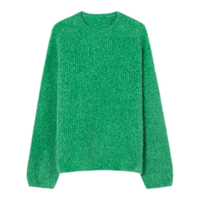 伊芙丽宽松慵懒风高级感绿色拉绒羊绒衫秋季设计感百搭通勤毛衫女