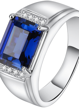 蓝宝石男士食指戒指纯银镀金