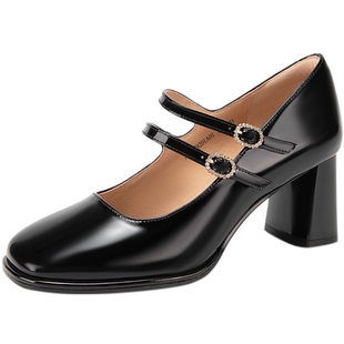 千百度漆皮高跟玛丽珍鞋秋季百搭粗跟小香风单鞋女气质晚晚风鞋子