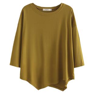 大码七分袖t恤女200斤胖mm春季新款时尚不规则下摆宽松上衣打底衫