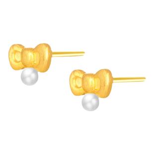 周先生蝴蝶结珍珠耳钉女Helo Klty猫 纯银镀黄金色蝴蝶结耳环蝴蝶