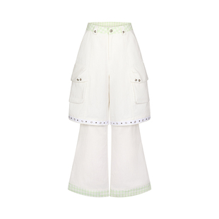 BETWEENAND 设计感白色铆钉小花气眼可拆裤腿工装裤小亚休闲裤子