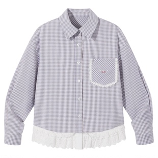 PSO Brand 女装【假两件】色织格纹衬衫拼接蕾丝花边长袖衬衣外套