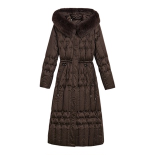 YINER音儿2025冬季新款法式柔光缎面狐狸毛领边连帽H型长款羽绒服