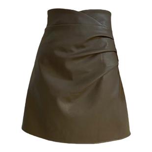 咖色皮裙半身裙女秋冬短裙褶皱设计感高腰a字裙包臀显瘦pu皮裙子