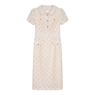 气质蕾丝格纹中长款连衣裙