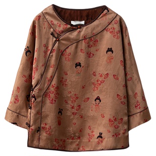 一丝牵小唐人100%桑蚕丝花萝提花红云纱真丝香云纱上衣七分袖小衫