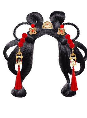 新年红色锦鲤汉服发髻假发组合