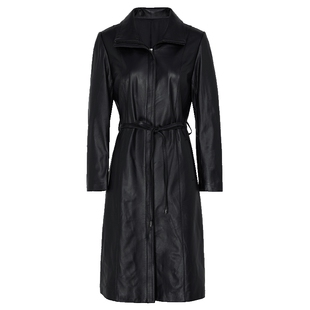 马天奴新款绵羊皮衣外套女士中长款真皮风衣超软黑色皮夹克酷飒风