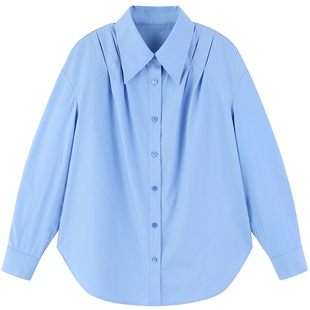 太平鸟女装 莱赛尔长袖衬衫25年款女士蓝色气质通勤衬衣韩版*