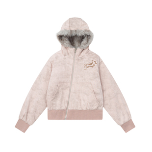 橘子树在哪儿粉色加厚棉服短外套女冬季款设计感斜拉链毛绒绒帽衫