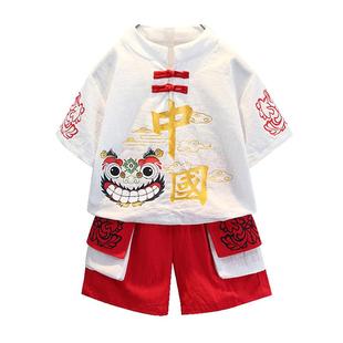 儿童汉服中国风夏装男童短袖套装薄款女宝宝表演服棉麻唐装古装潮