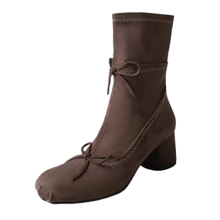 2026秋冬新款法式芭蕾风高跟弹力瘦瘦靴女气质圆头蝴蝶结粗跟短靴