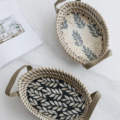 越南藤编贝壳托盘手提圆形点心餐盘家用酒店咖啡厅轻奢面包水果盘
