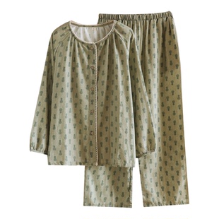 睡衣女双层纯棉纱布花边长袖春秋夏季薄款全棉家居服套装可外穿