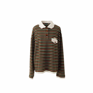 白鹿明星同款翻领复古条纹长袖t恤女2025秋宽松慵懒风polo领上衣