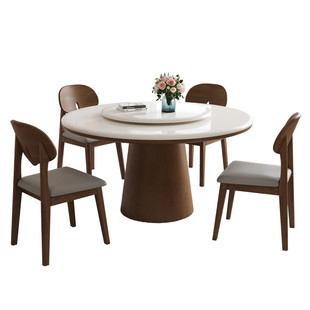 高档白冰玉大理石圆形餐桌带转盘新款北欧实木中古风家用圆桌饭桌