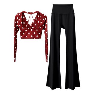 波点红色瑜伽服套装女2025新款性感时尚运动健身衣长袖上衣喇叭裤