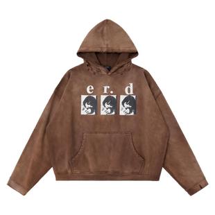 ERD忧郁的富二代24FW日晒水洗破坏咖啡色三明治女孩连帽卫衣帽衫