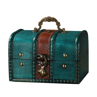 复古红手提小箱子带锁藏宝箱桌面收纳储物盒精致首饰盒道具箱摆件