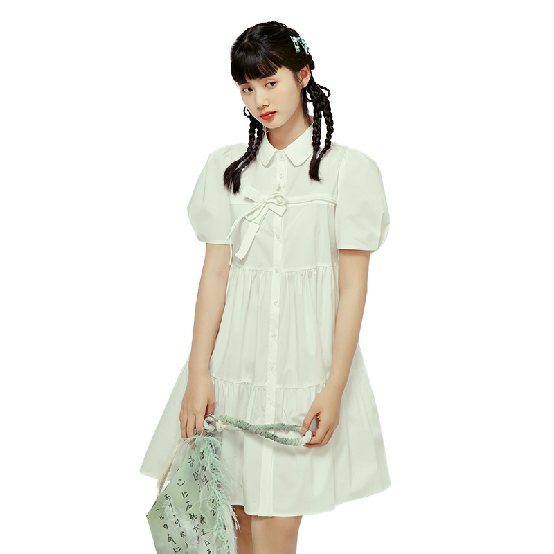 紫涵翻领泡泡袖连衣裙夏季新款网纱仙女裙国风盘扣A字中长裙百搭