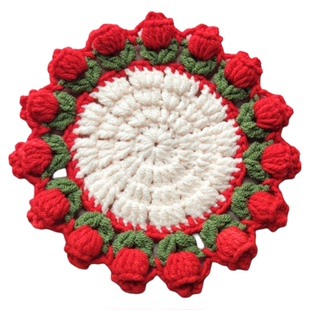 成品手钩郁金香杯垫花篮桌面摆件毛线小花束创意礼品多功能杯垫