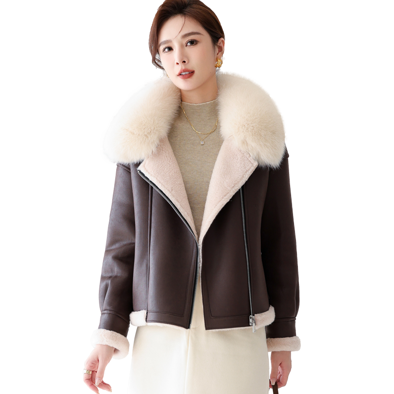 羊剪绒大衣女2025冬新原创正品高档狐狸毛领羔羊毛毛颗粒皮草外套