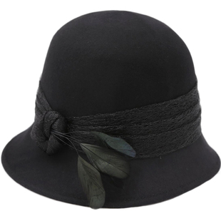 Lion~黑羽 复古羽毛装饰圆顶短檐羊毛呢钟形帽毡帽礼帽盆帽
