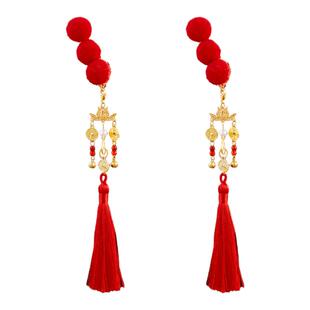 新年喜庆写真百搭头饰秋冬红色毛球发夹可爱少女仿铜钱长流苏对夹