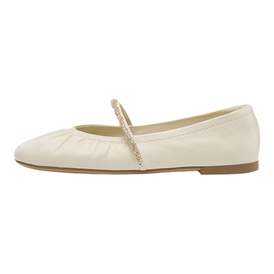 蹀愫26春夏新款平底褶皱芭蕾舞玛丽珍一字带钻链单鞋女T76132A-03