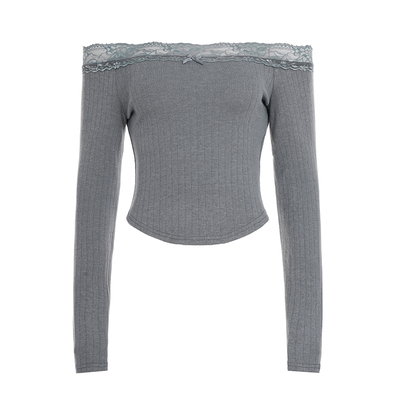 蕾丝拼接一字肩长袖T恤