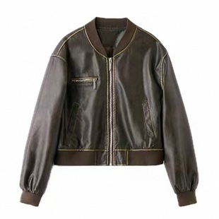 手工擦色美式短款机车皮衣夹克女新款复古拉德外套皮夹克百搭上衣