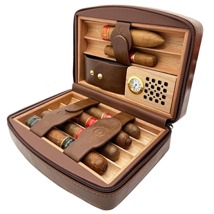 新款六支装雪茄保湿盒便携旅行包雪松木皮质磁吸扣带双面收纳礼物