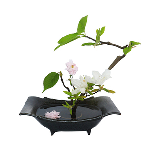 日式花道剑山插花陶瓷器皿花器水盘黑色斗笠碗小原流插花器套装