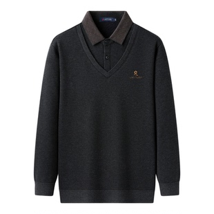 梦特娇男装秋冬季加绒毛衣格纹假两件中年男士绵羊毛打底针织衫Z