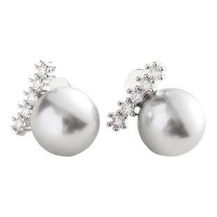 NIYOSHINE真多麻灰珍珠耳钉镶钻平衡木耳饰女简约小众耳环925银针