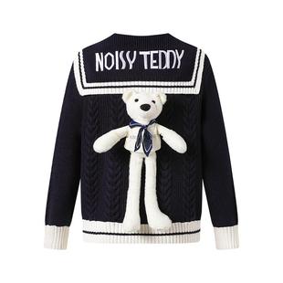 NOISY TEDDY26年春季新款可爱立体熊女士海军领长袖开衫毛衫宽松