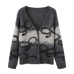 DIDDIMODA 蝴蝶结渐变仿貂毛宽松V领针织开衫外套外穿2025新款