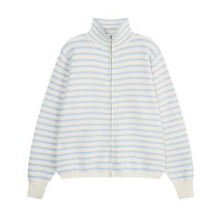 YUZI鱼子蓝白条纹针织开衫女翻领软糯百搭长袖慵懒风毛衣大码女装