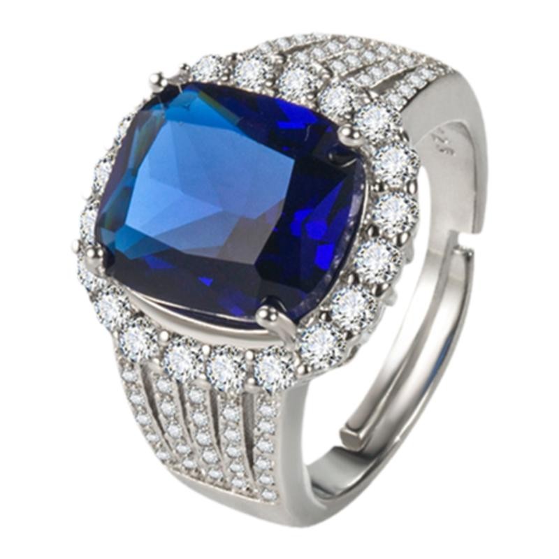 925纯银蓝色绿色宝石男女可调节时尚食指戒指轻奢小众设计高级感