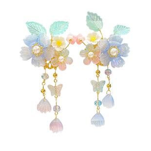 古风花朵流苏发饰女童国风汉服不伤发对夹女宝宝过年红色喜庆发夹