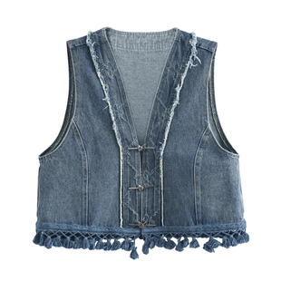 森女部落新中式套装女秋季度假风牛仔马甲2025新款设计感宽松上衣