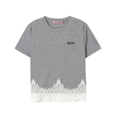 【90%莱赛尔】Unvesno(UN)MIU系定制蕾丝花边拼接瘦身短款女款T恤