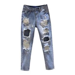 2025夏季新款韩版百搭bf破洞哈伦牛仔裤女宽松直筒乞丐垮裤九分裤