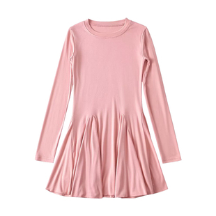 YoungGirlDay 纯欲芭蕾风圆领修身显瘦A字褶皱裙摆长袖连衣裙短裙