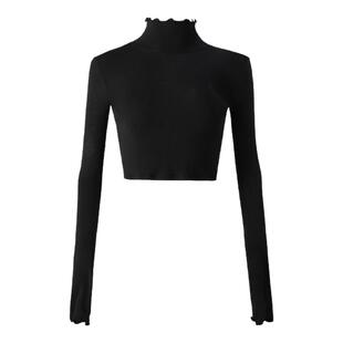 ourhour 正肩修身 黑色高领木耳边短款上衣 女冬设计感中袖打底衣