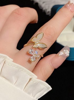 日韩气质轻奢贝壳冷淡简约众风钻超蝴蝶小镶戒开口潮戒指闪女设计